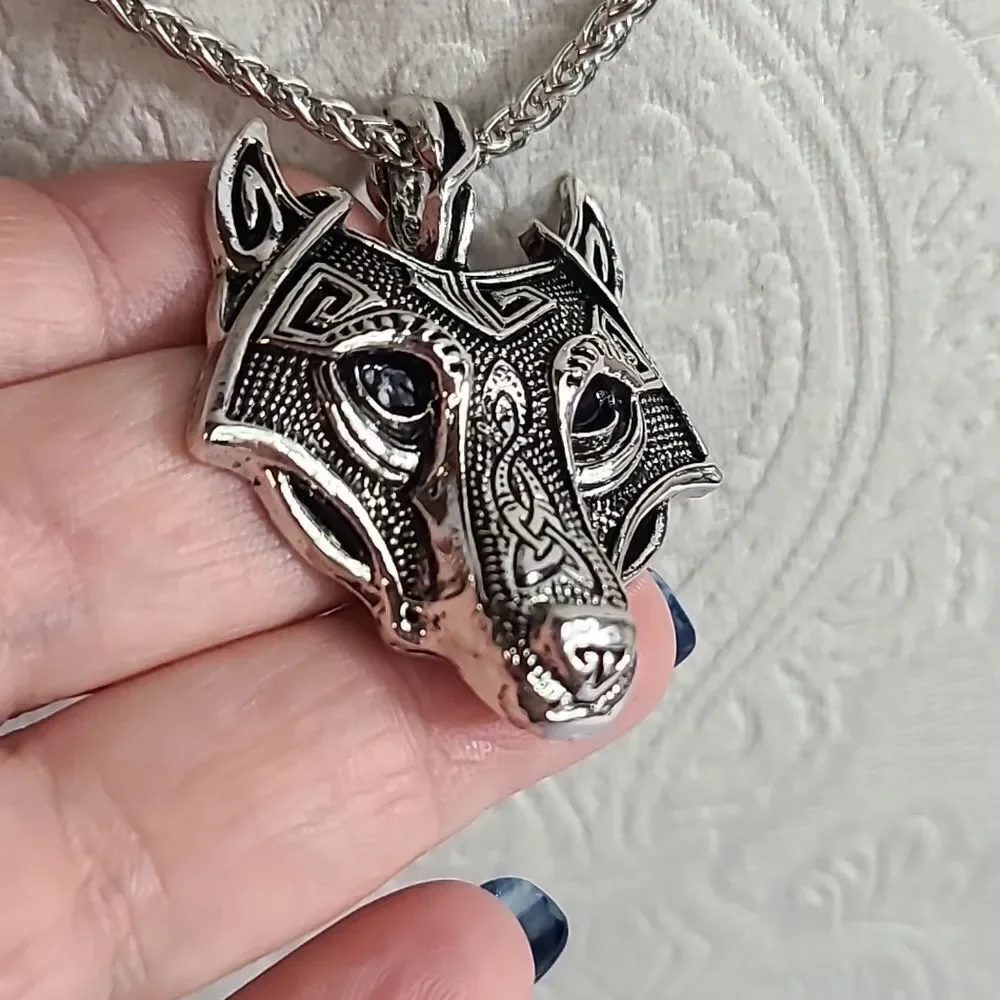 Nordic Viking Fenrir Wolf Head Stainless Steel Pendant Men's Necklace Norse NEW